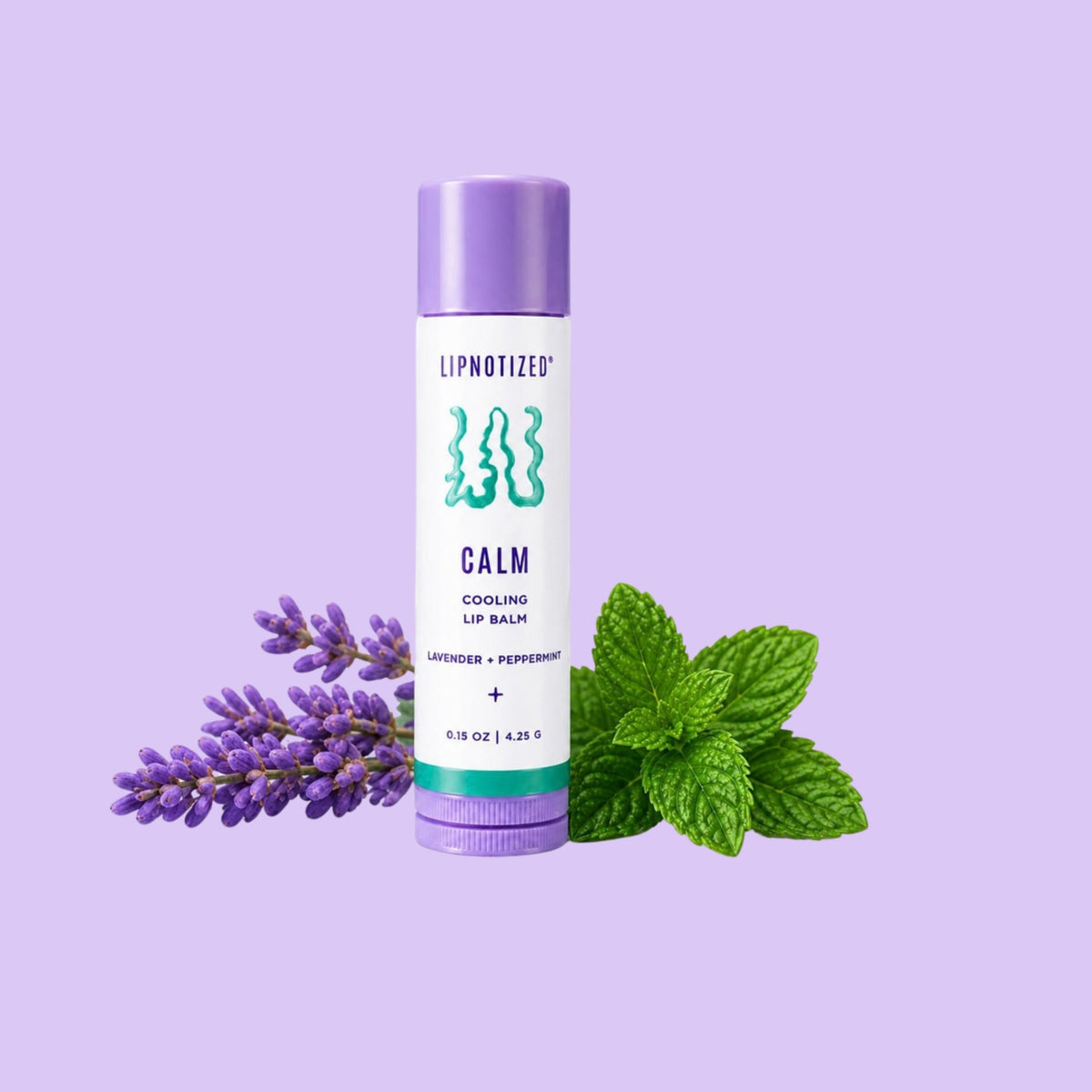 Calm Cooling Lip Balm with lavender sprigs and fresh peppermint leaves