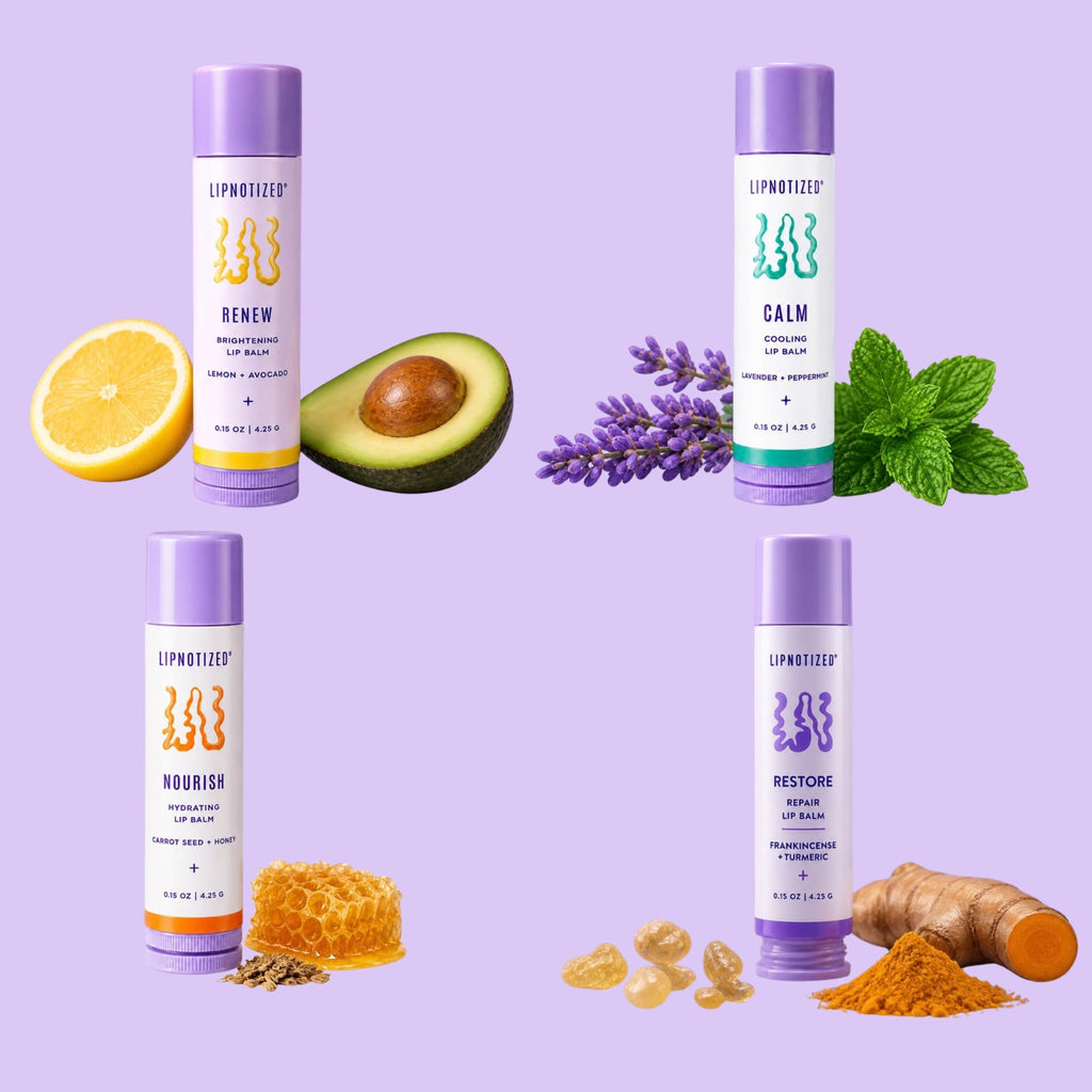 The Lipnotized Full Set: Renew, Calm, Nourish and Restore lip balms with their ingredients