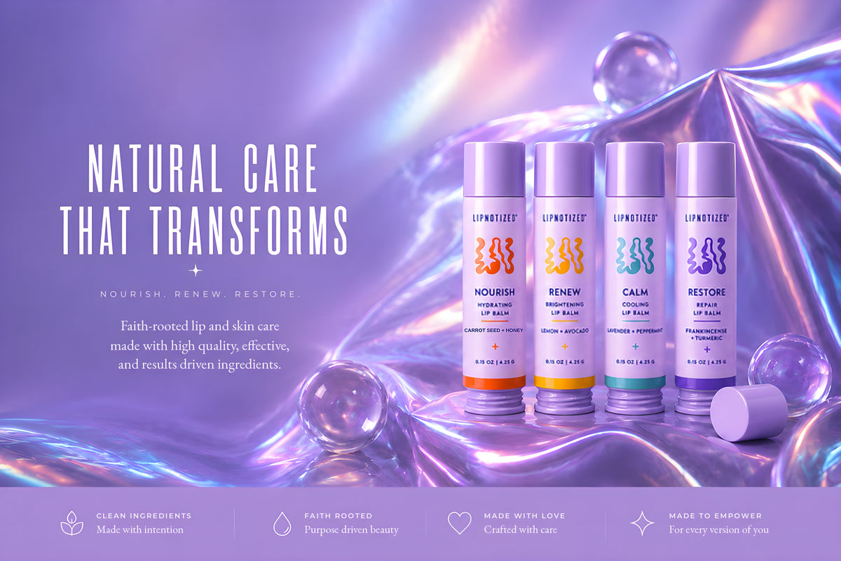 Four Lipnotized natural lip balms, Nourish, Renew, Calm and Restore, on a lavender background